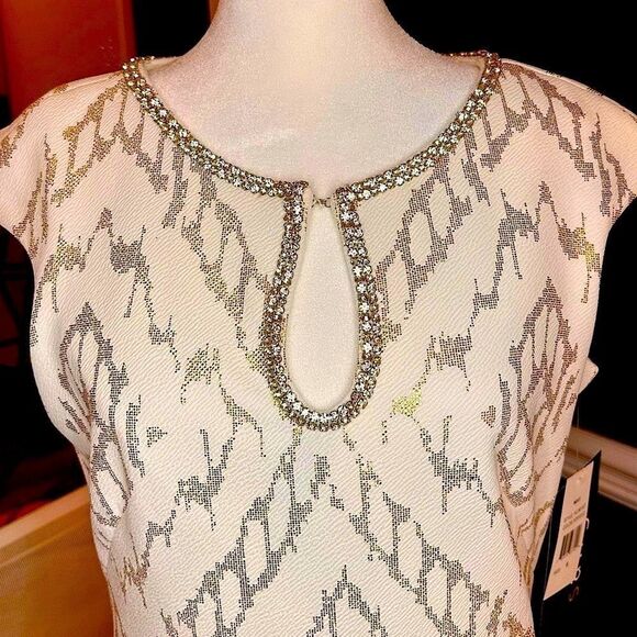 Sangria White and Gold Metallic Cap Sleeve Rhinestone Shift Dress - Picture 6 of 12